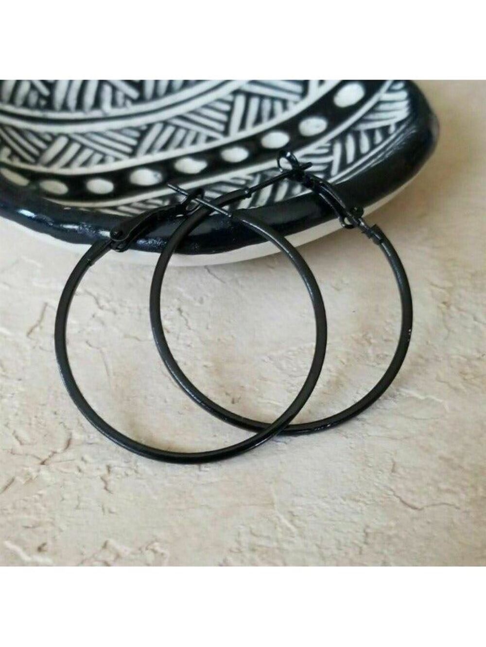 Minimalist Sleek Black Plain Enamel Hoop Earrings 40mm